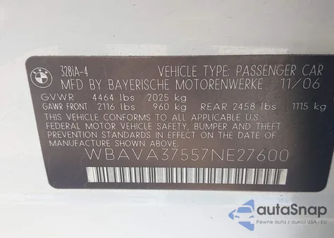 2007 BMW 328I из США, поврежденный, VIN WBAVA37557NE27600